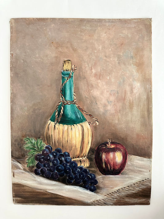 original acrylic still life on canvas board featuring a wine jug with grapes and an apple on a white cloth