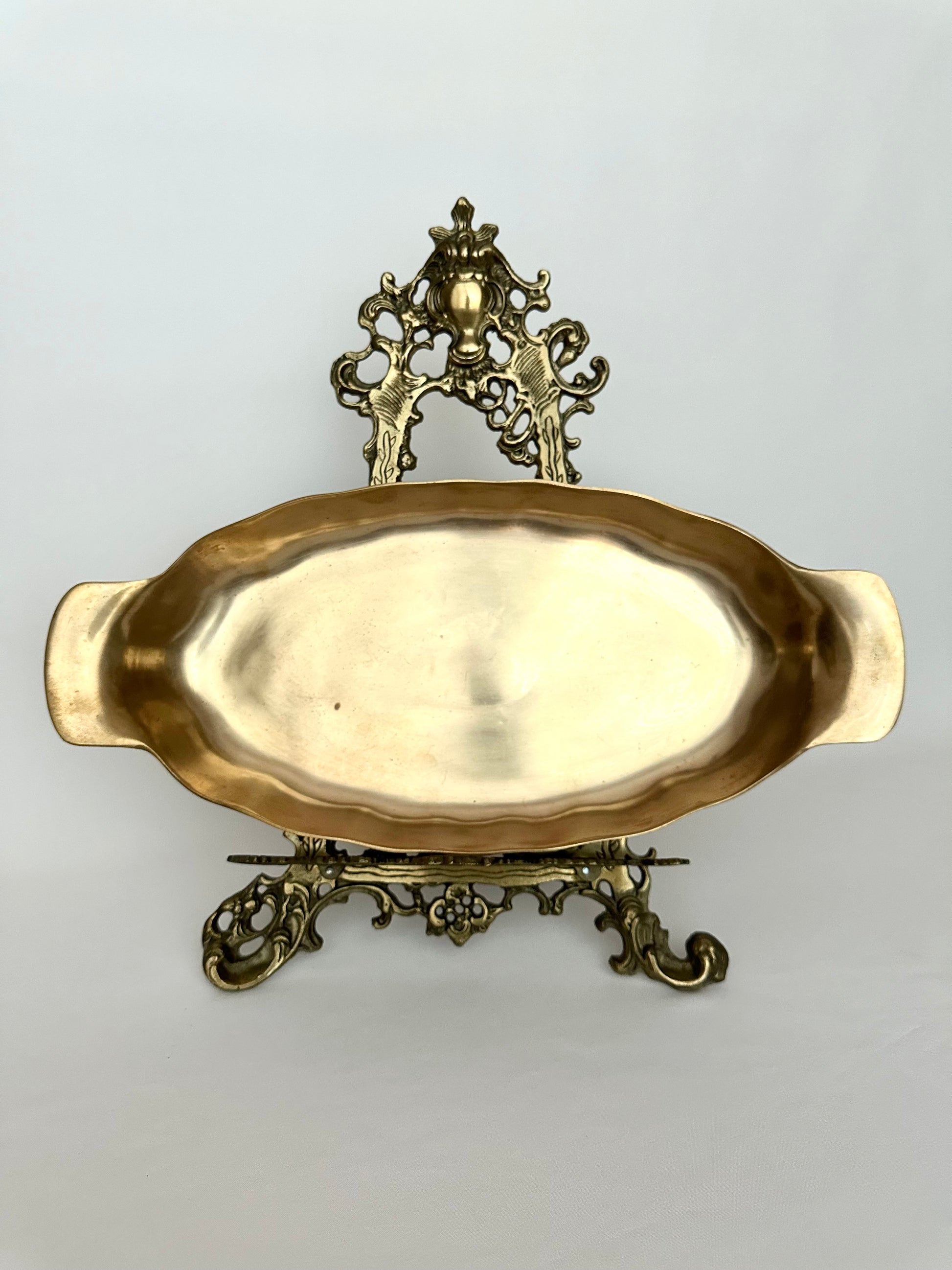 Vintage oblong handled brushed brass serving tray.