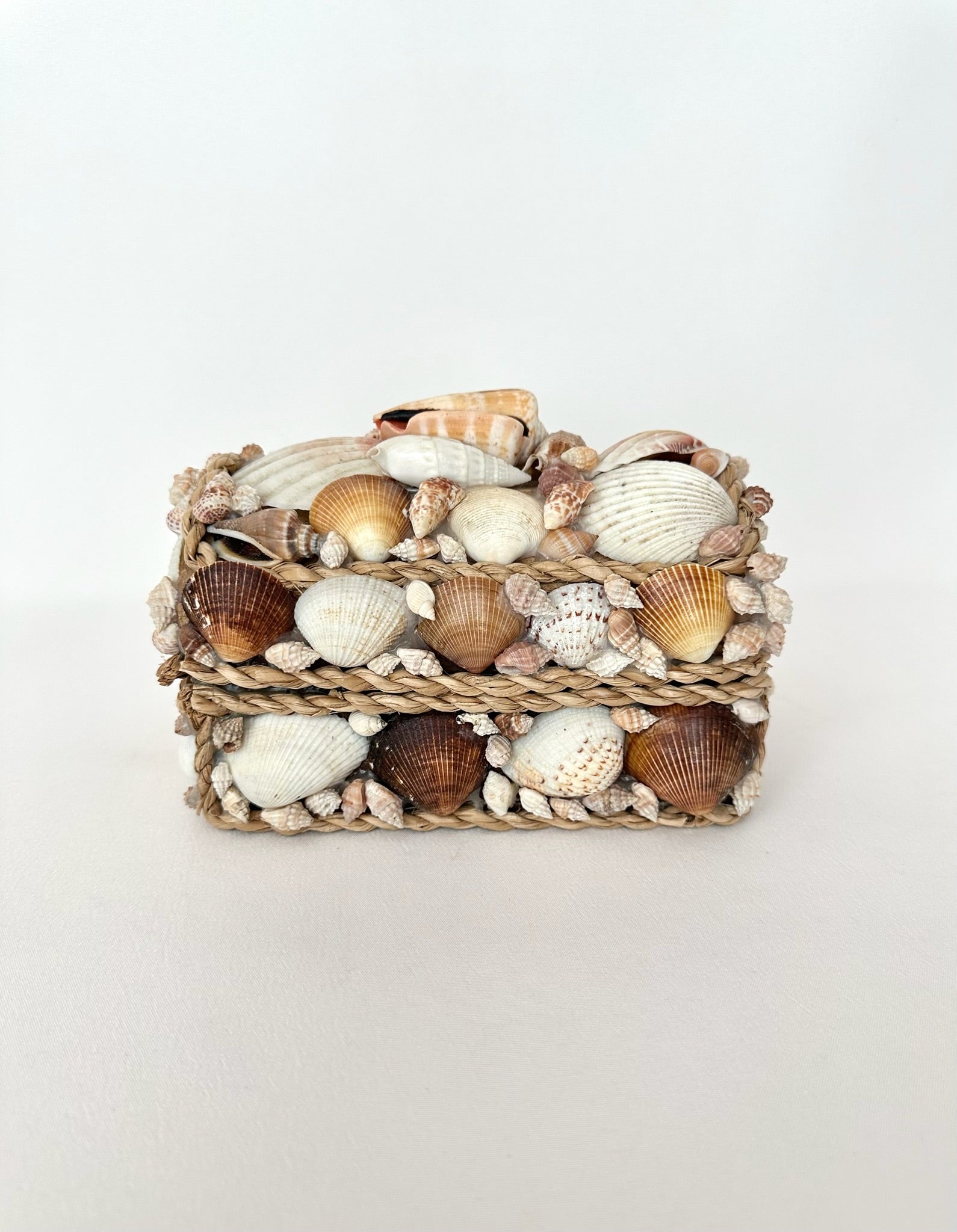 vintage natural seashell covered trinket box with rope trim