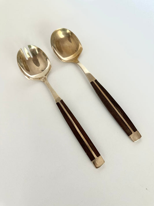 vintage teak and brass salad serving set of two 