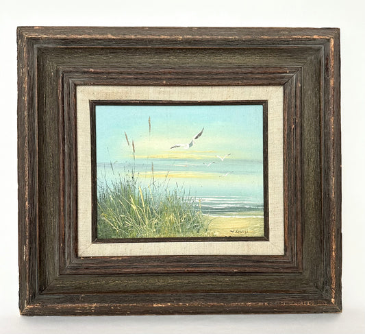 Vintage original beach scene/seascape wood framed oil painting signed by artist.