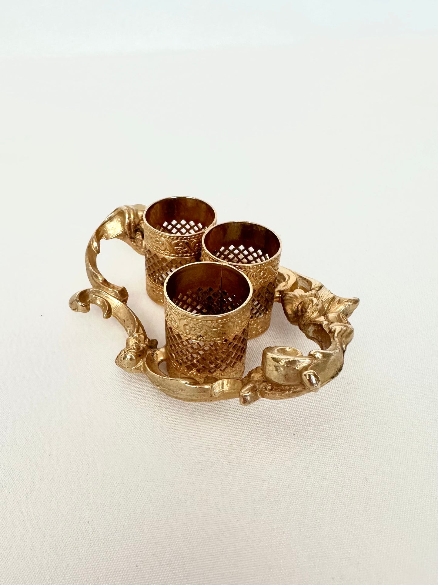 vintage gold filigree metal three tube lipstick holder