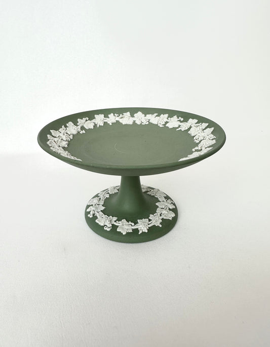 vintage sage green wedgwood pedestal dish with white grapevine trim