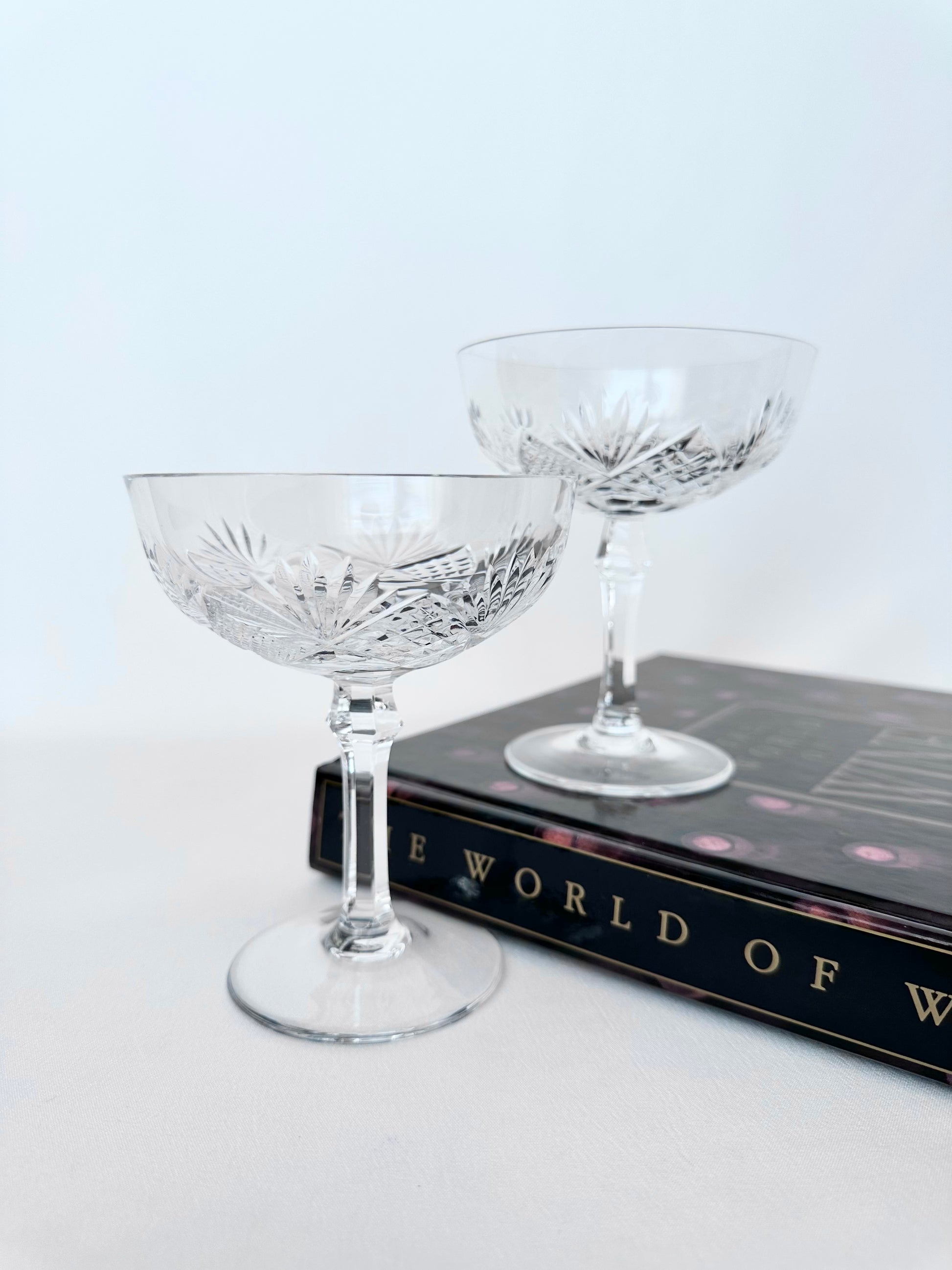 Vintage cut crystal classic coupe glasses with wide shallow bowl set of two.