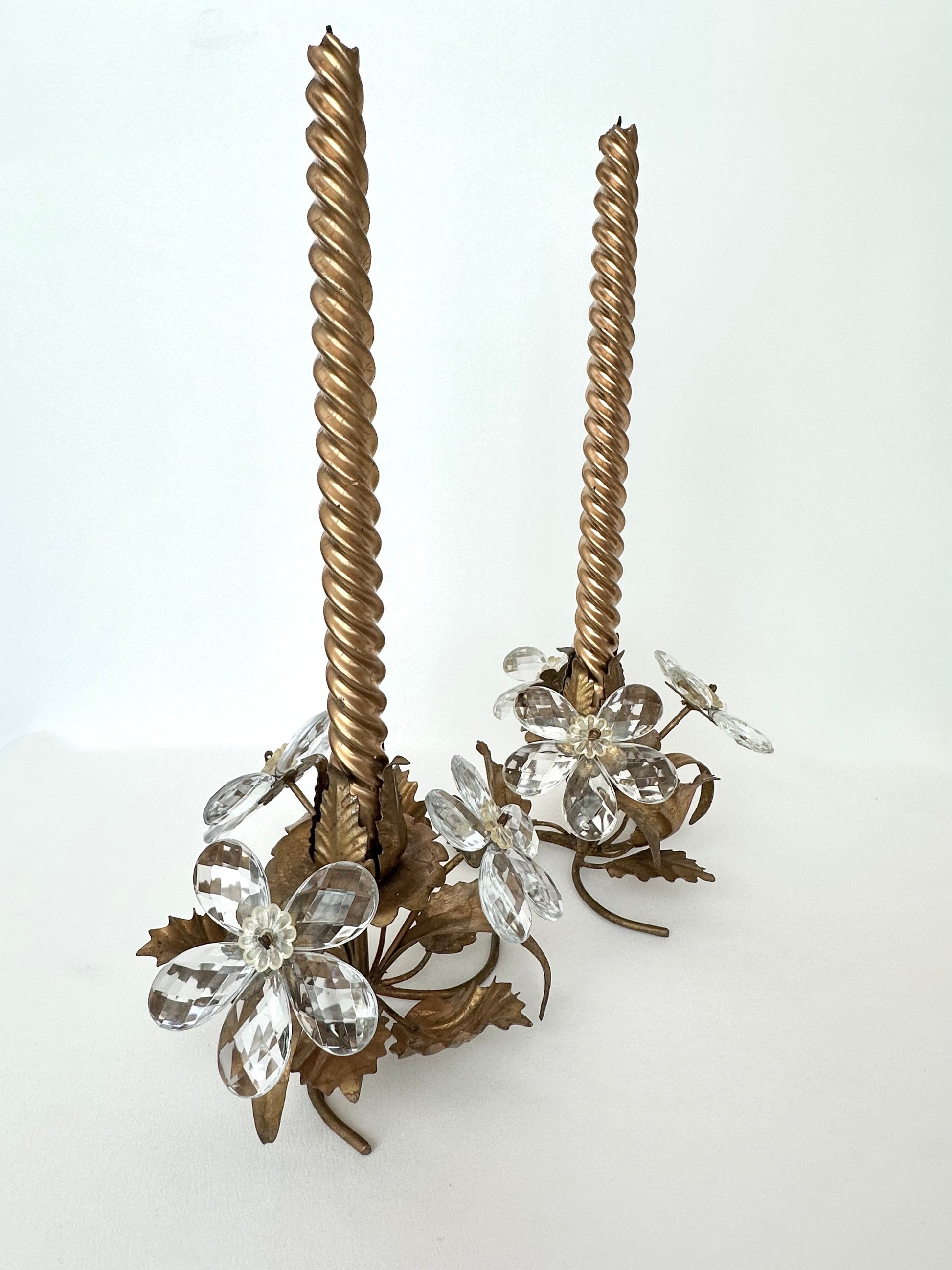 Vintage Italian tole and crystal flower candletick holders set of two