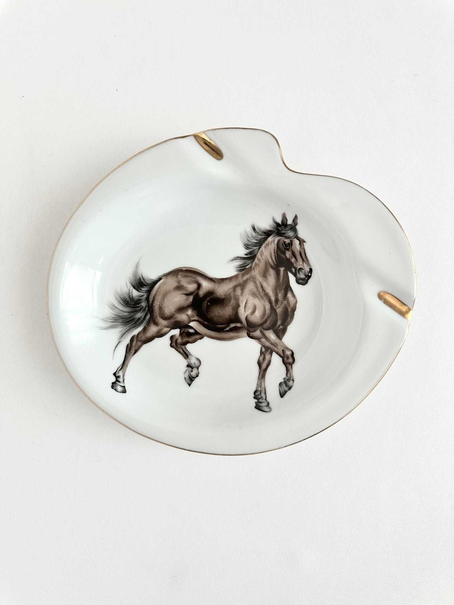 Vintage large ceramic ashtray or trinket dish with hand painted brown and black horse and gold trim