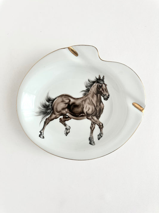 Vintage large ceramic ashtray or trinket dish with hand painted brown and black horse and gold trim