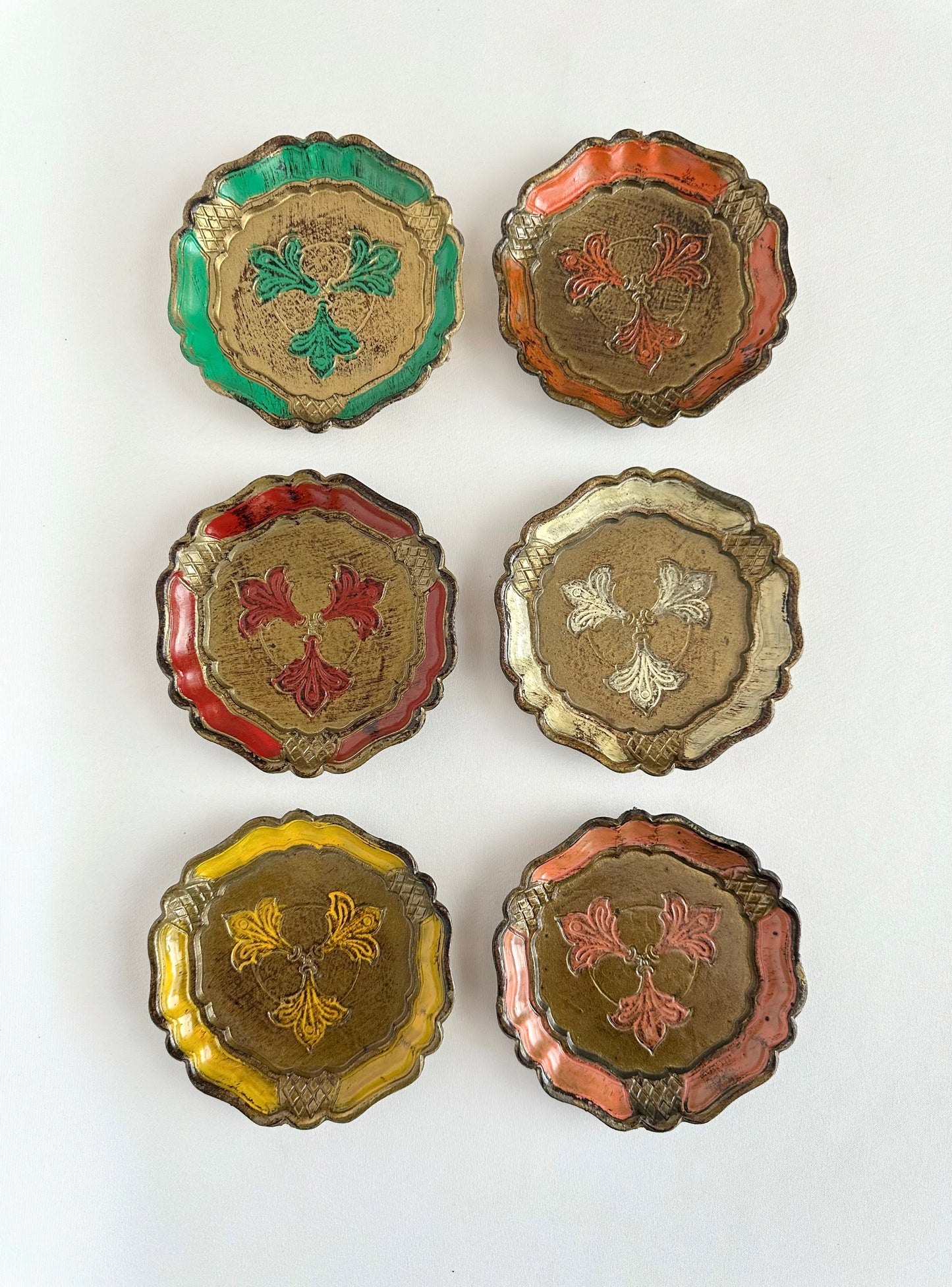 vintage Florentine painted wood beverage coasters set of six in multi colors