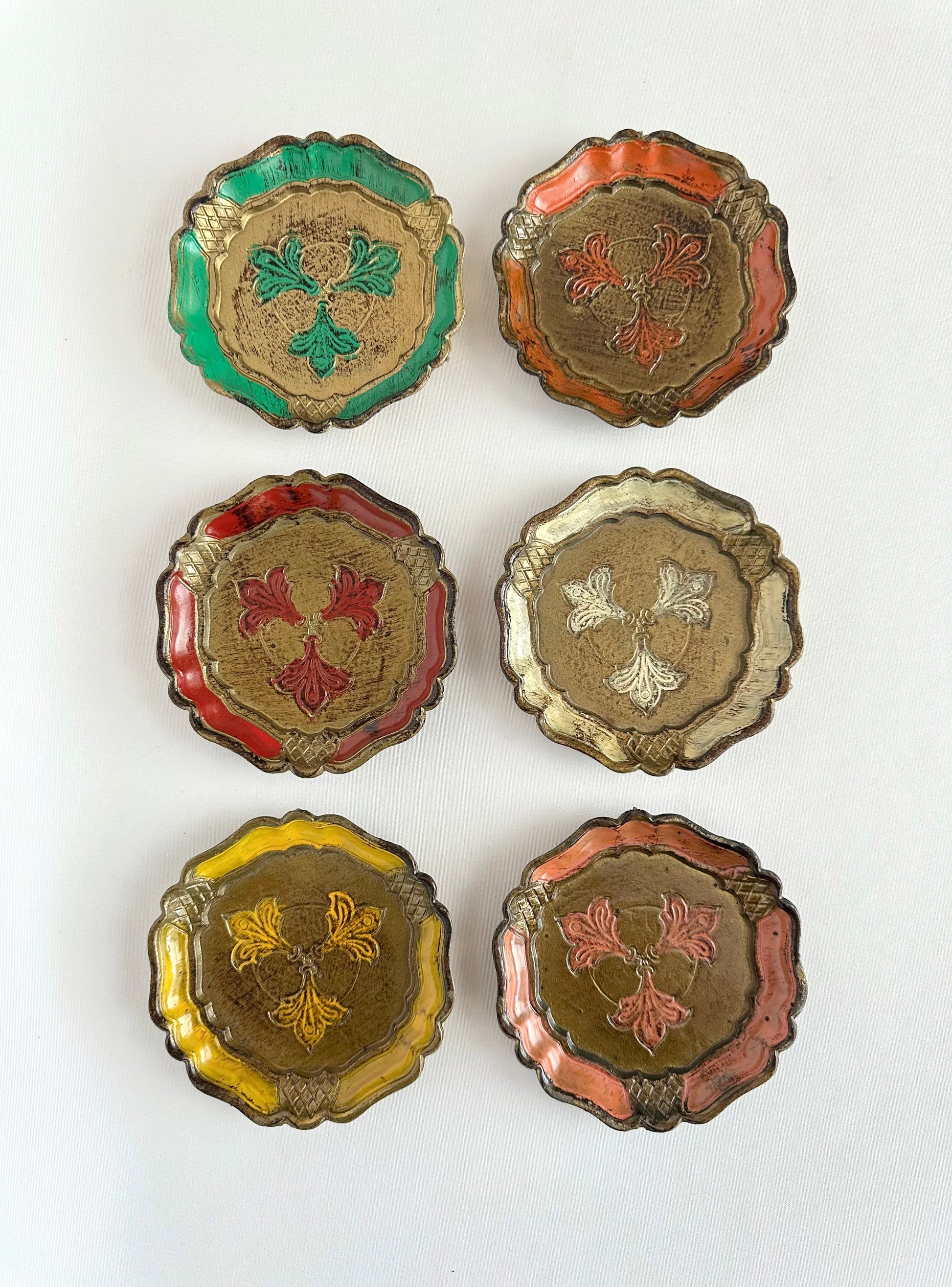 vintage Florentine painted wood beverage coasters set of six in multi colors