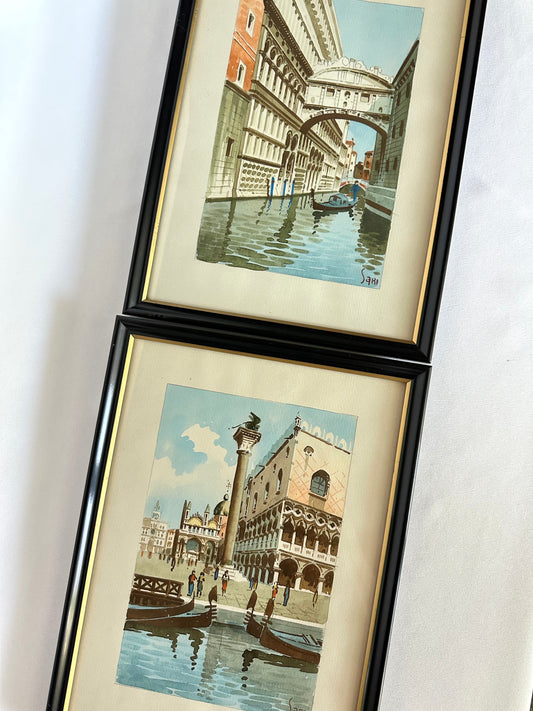 Vintage set of two framed original signed watercolors featuring Venice canals and architecture 