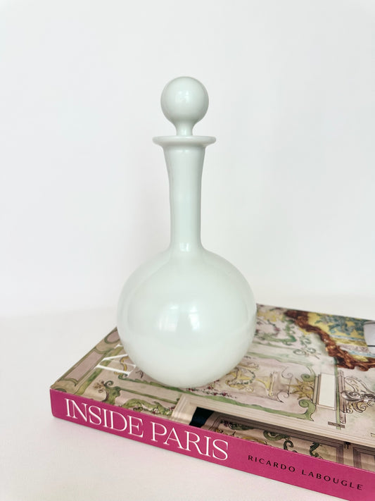 vintage white opaline glass decanter with ball shaped stopper