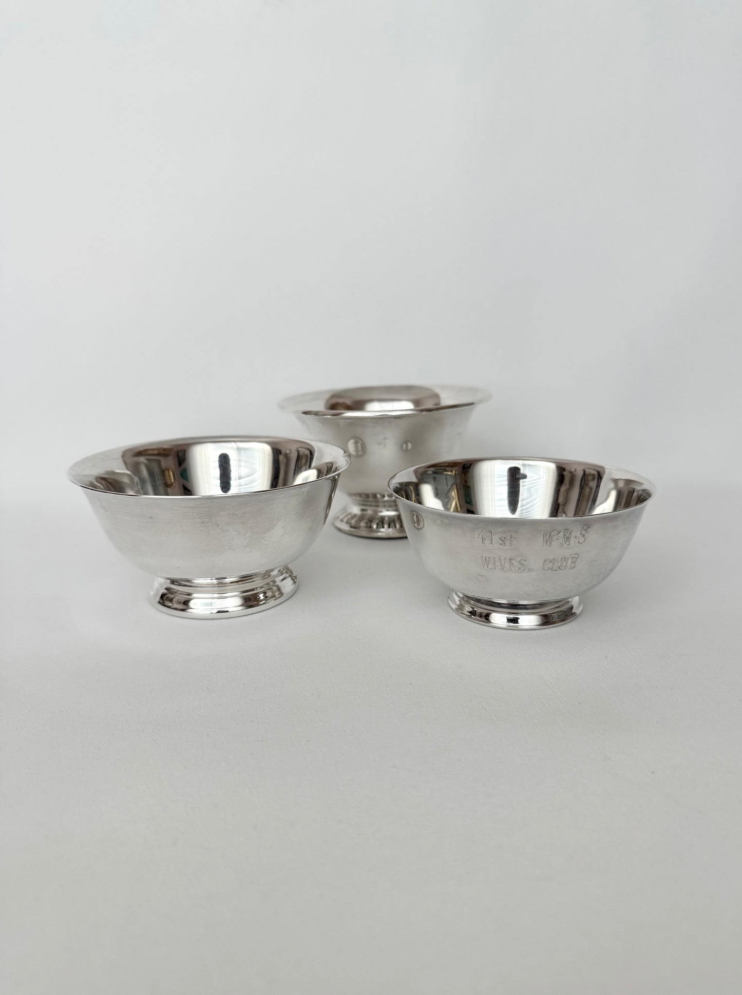 set of three vintage small mismatched silverplate revere style footed serving or trinket bowls