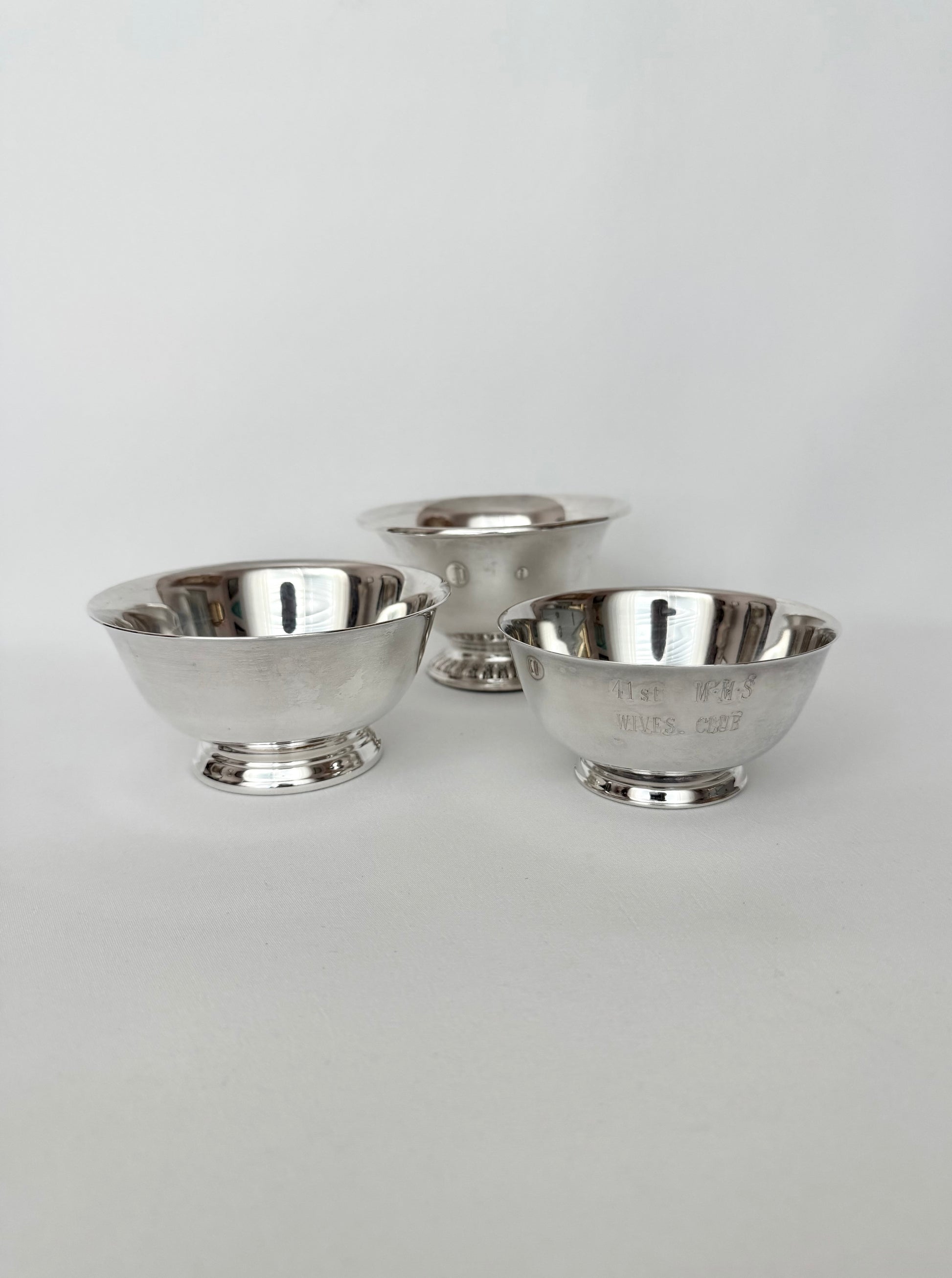 set of three vintage small mismatched silverplate revere style footed serving or trinket bowls