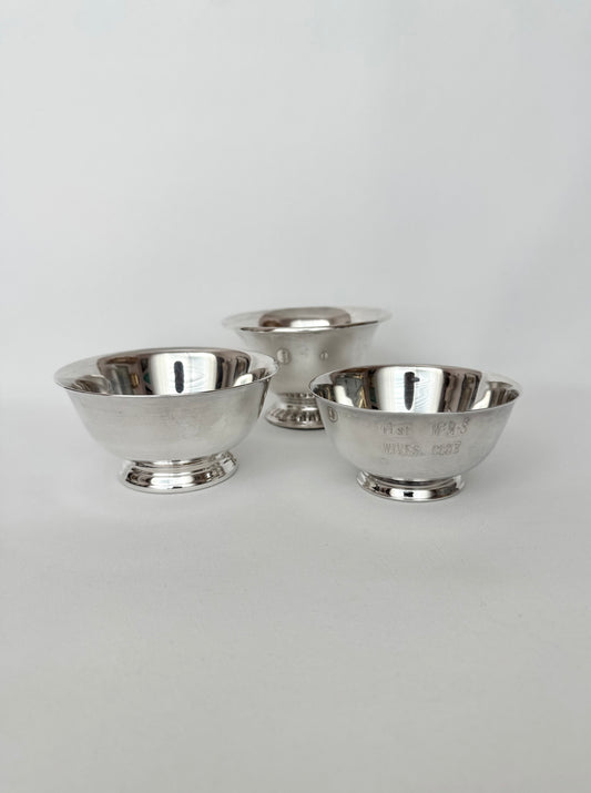 set of three vintage small mismatched silverplate revere style footed serving or trinket bowls