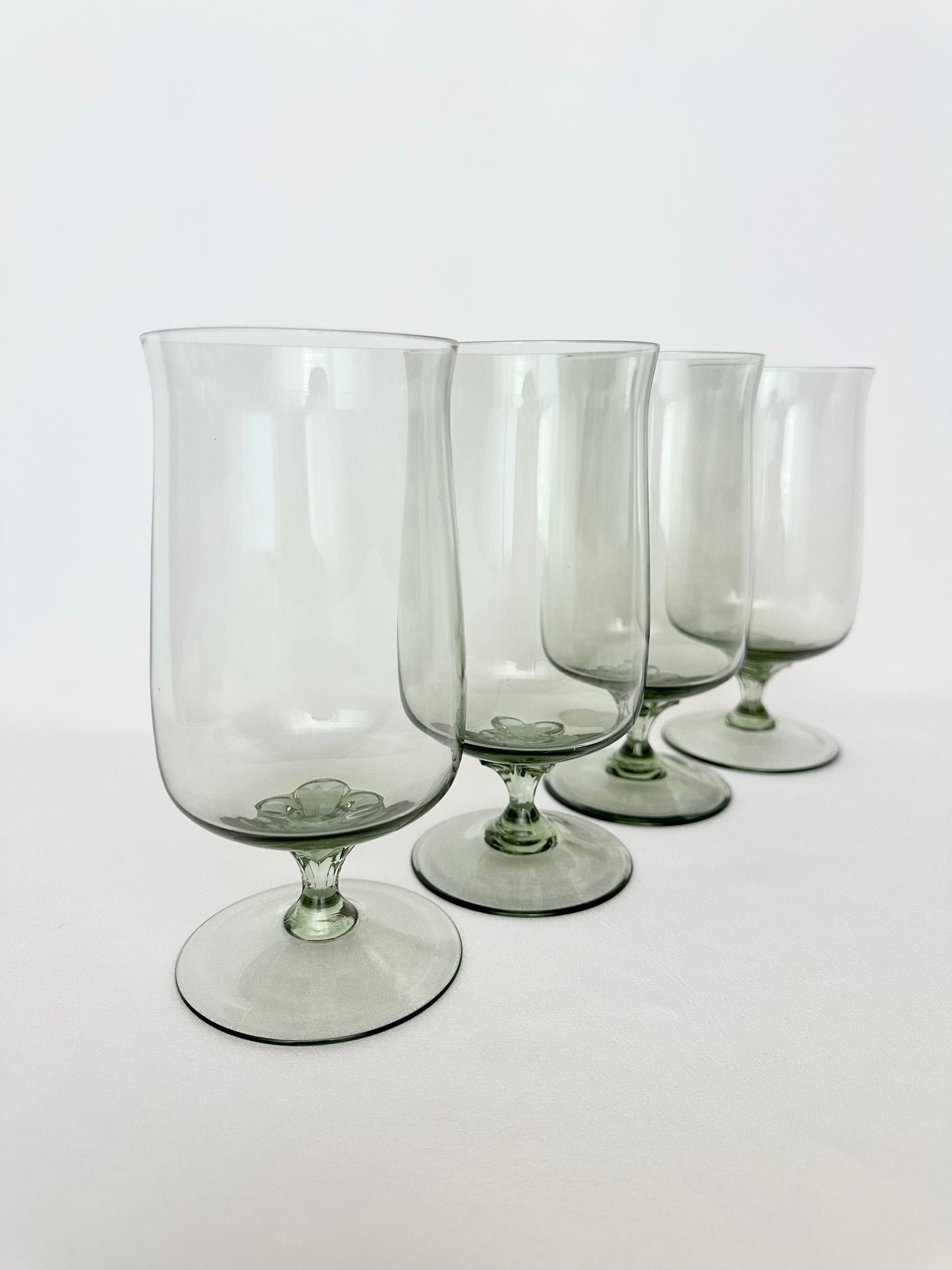 Vintage misty gray green crystal footed water goblets set of four.