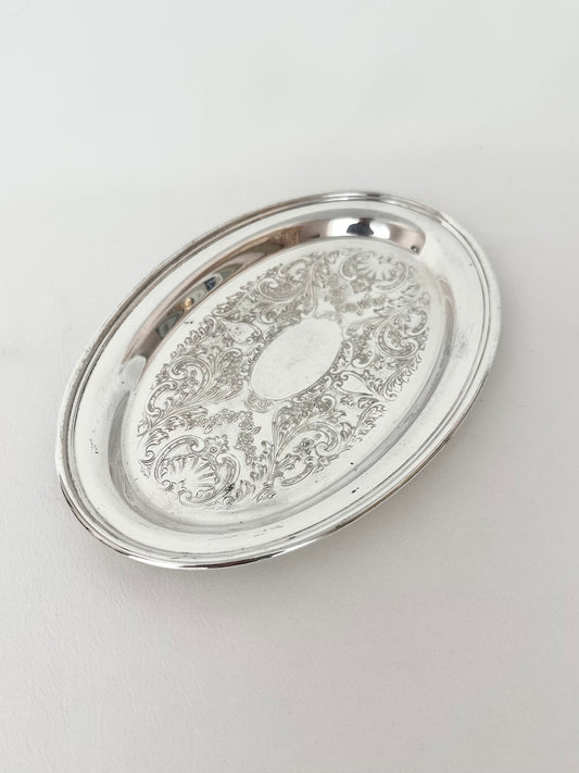 small vintage oval shaped silverplate tray with etched design