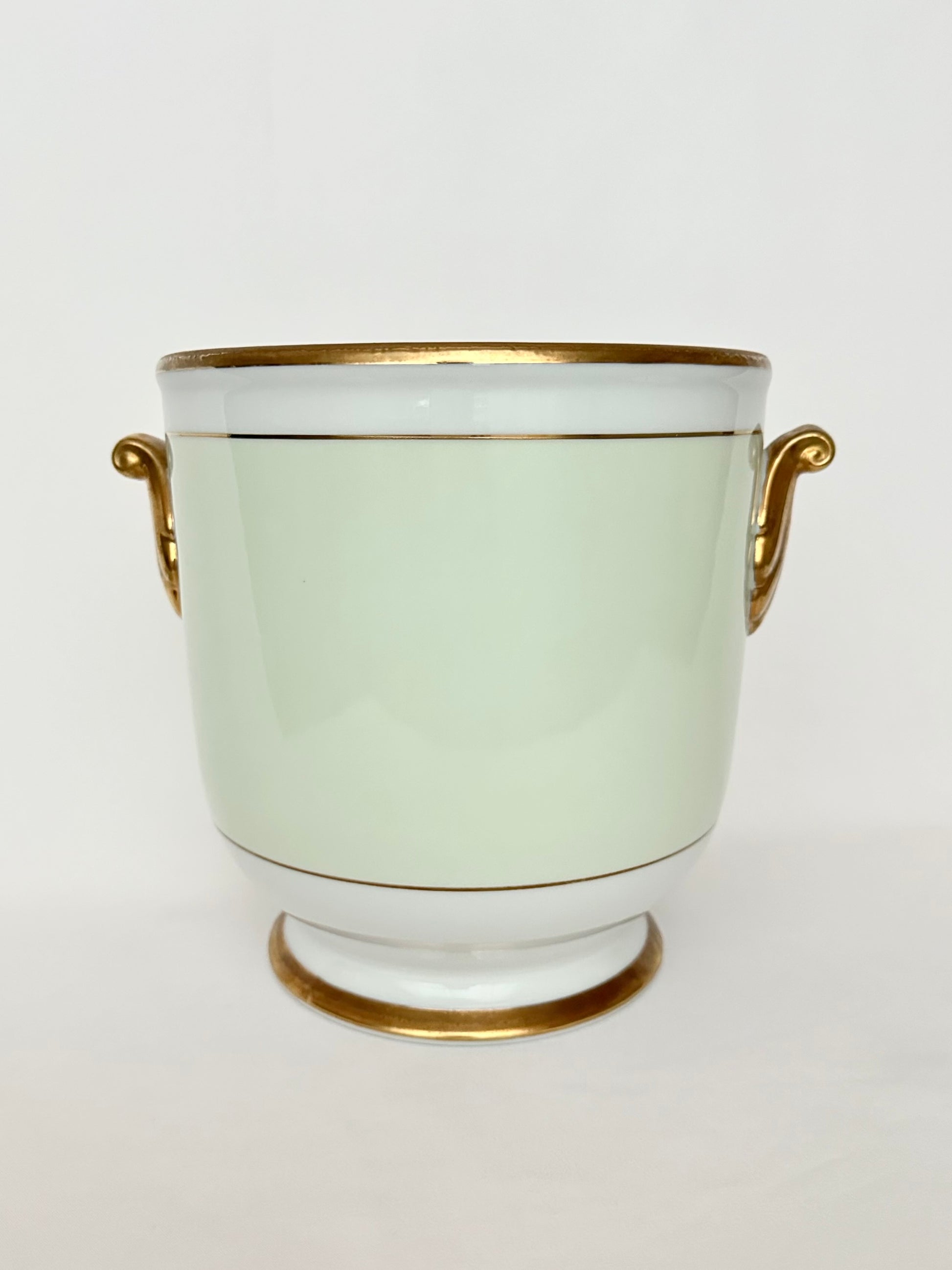 Vintage celadon, white & gold trimmed porcelain champagne bucket or cache pot.