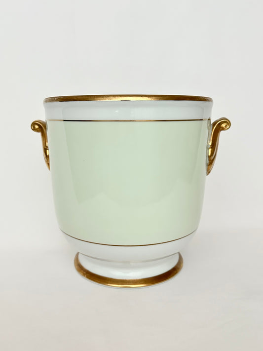 Vintage celadon, white & gold trimmed porcelain champagne bucket or cache pot.