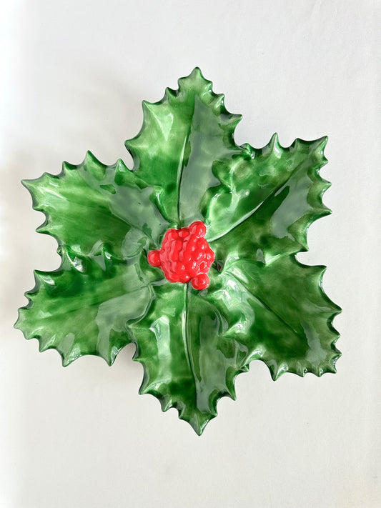 Vintage green glazed ceramic holly leaf /red berry serving dish with six small wells.