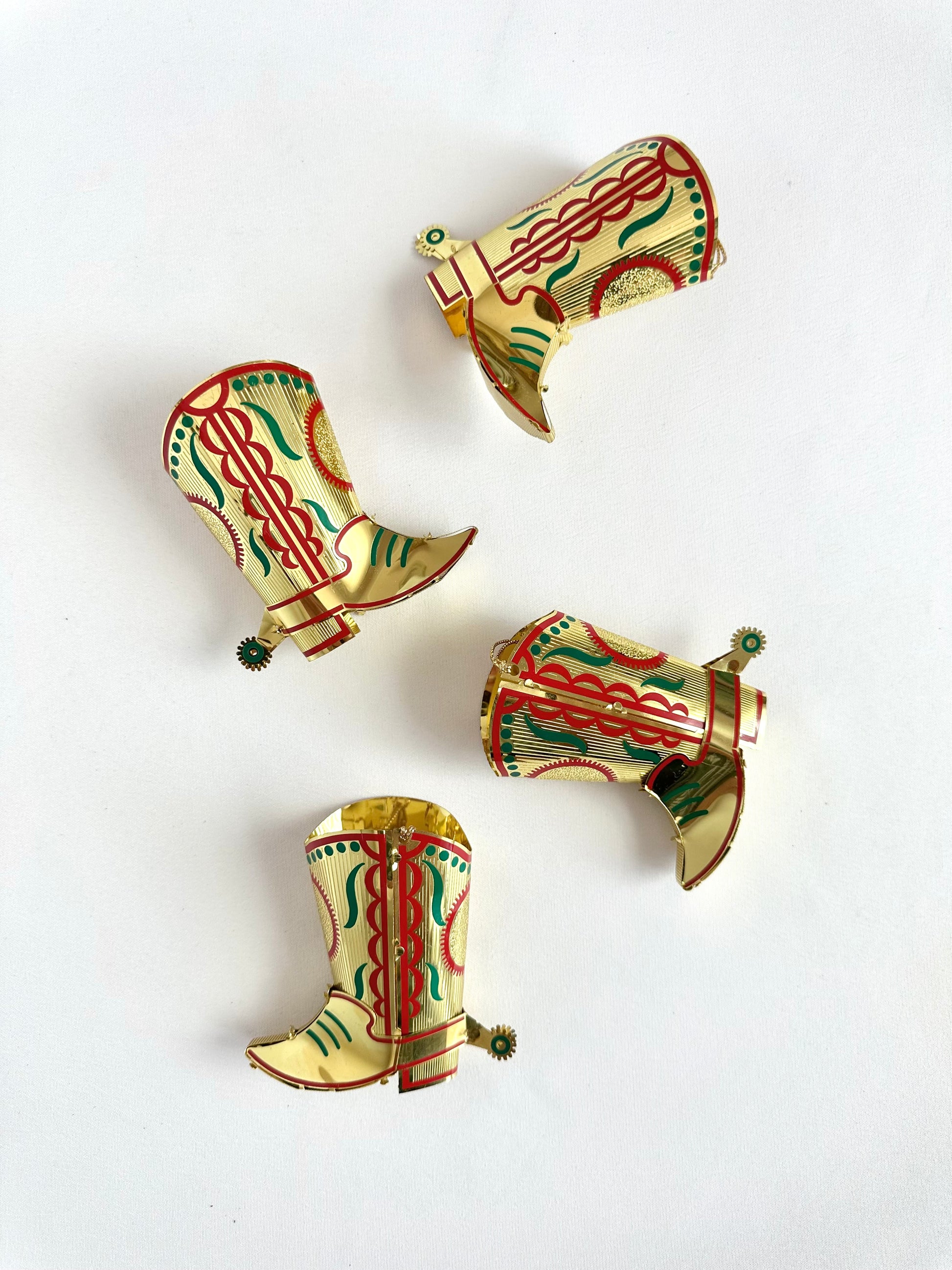 Vintage gold metal cowboy boot christmas tree ornaments set of four.