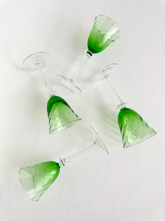 Vintage green swirl clear stemmed crystal cordials set of four.