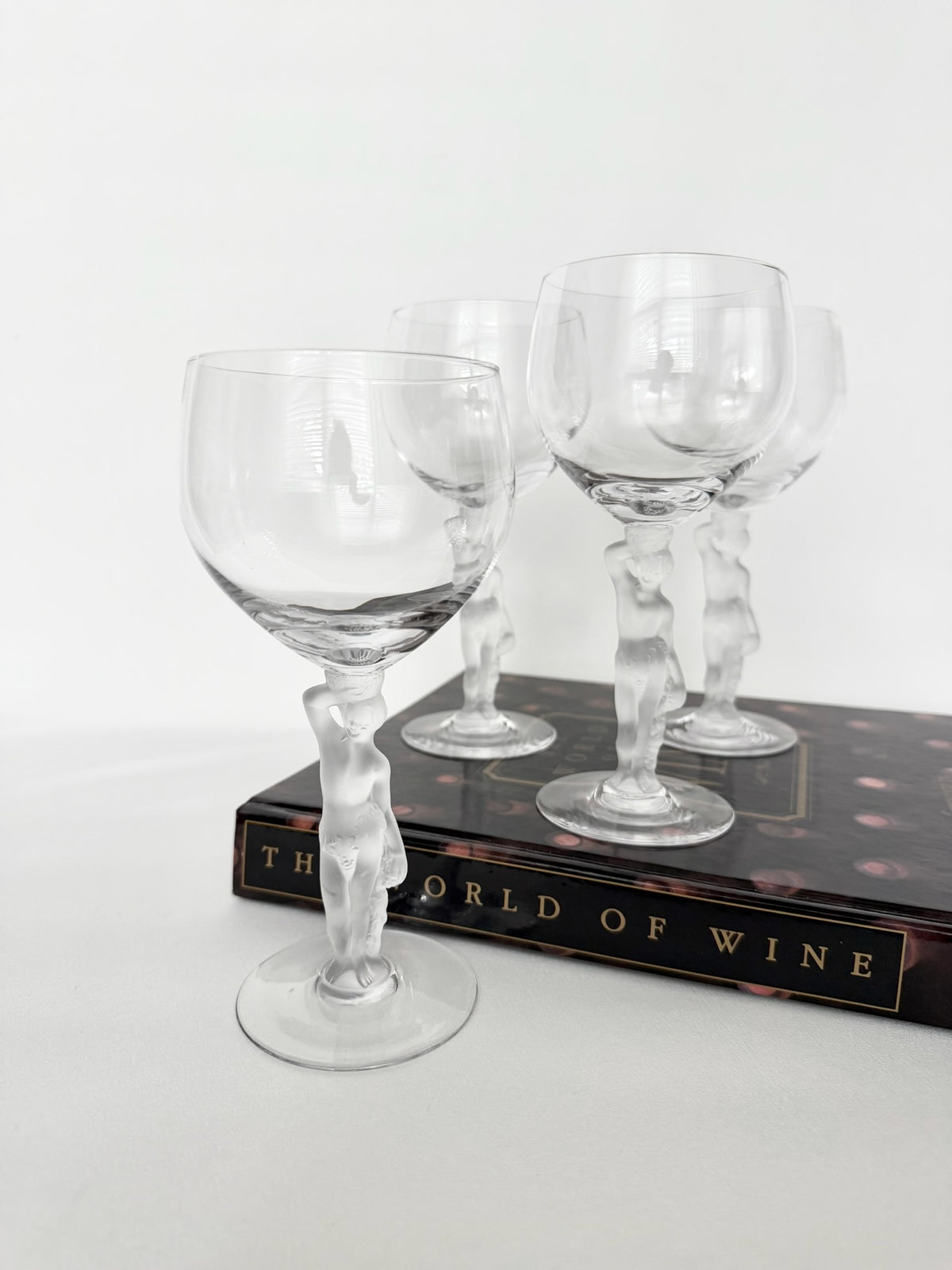 vintage French Bayel crystal wine glasses with frosted Bacchus stem set of four