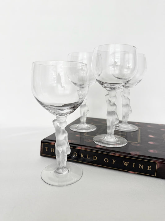 vintage French Bayel crystal wine glasses with frosted Bacchus stem set of four