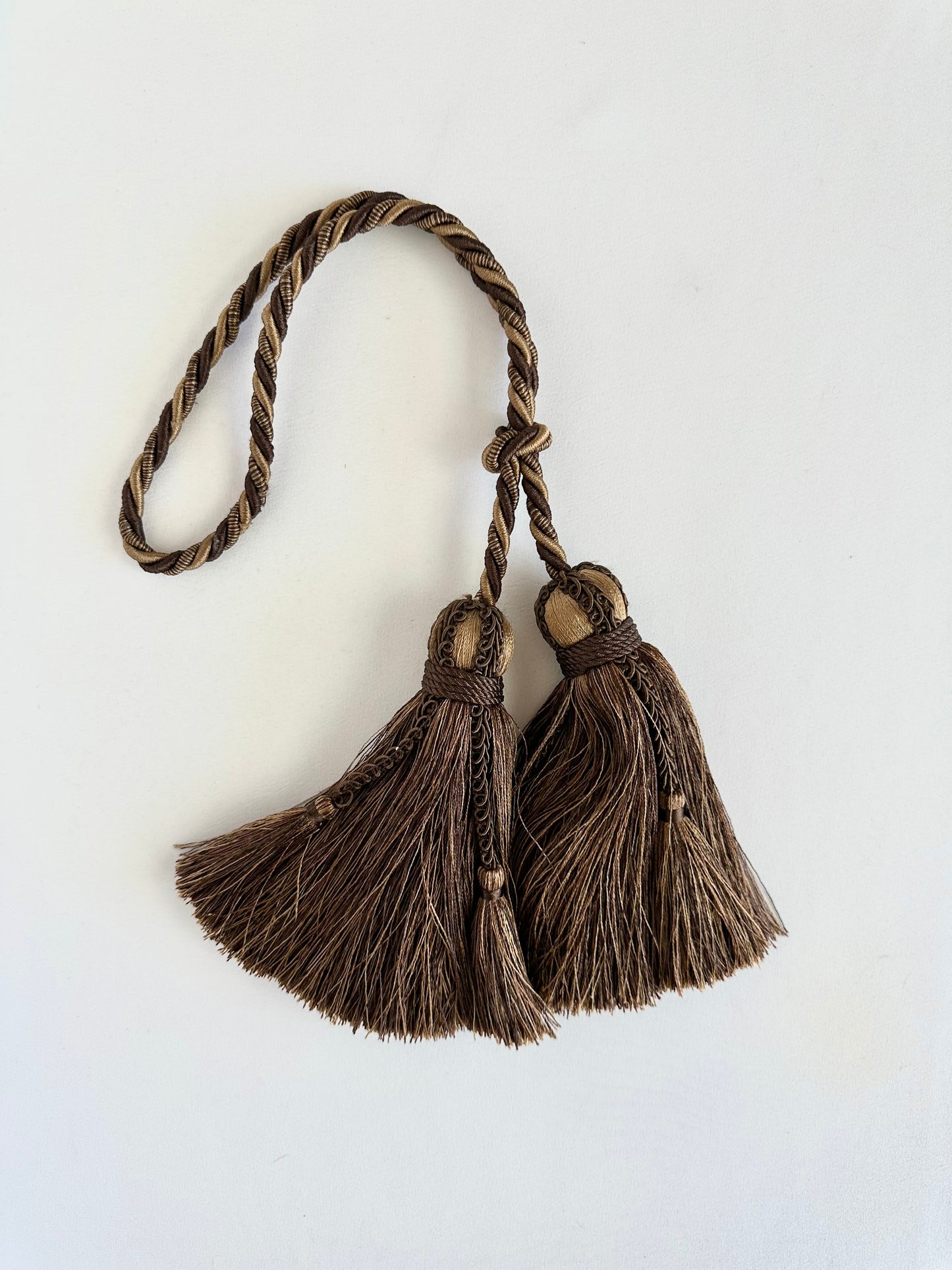 silky decorative double door tassel in brown and tan with adjustable longer loop