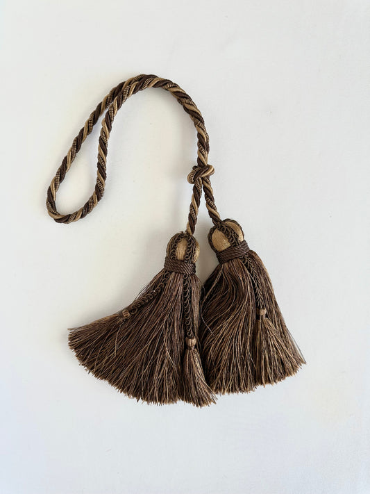 silky decorative double door tassel in brown and tan with adjustable longer loop