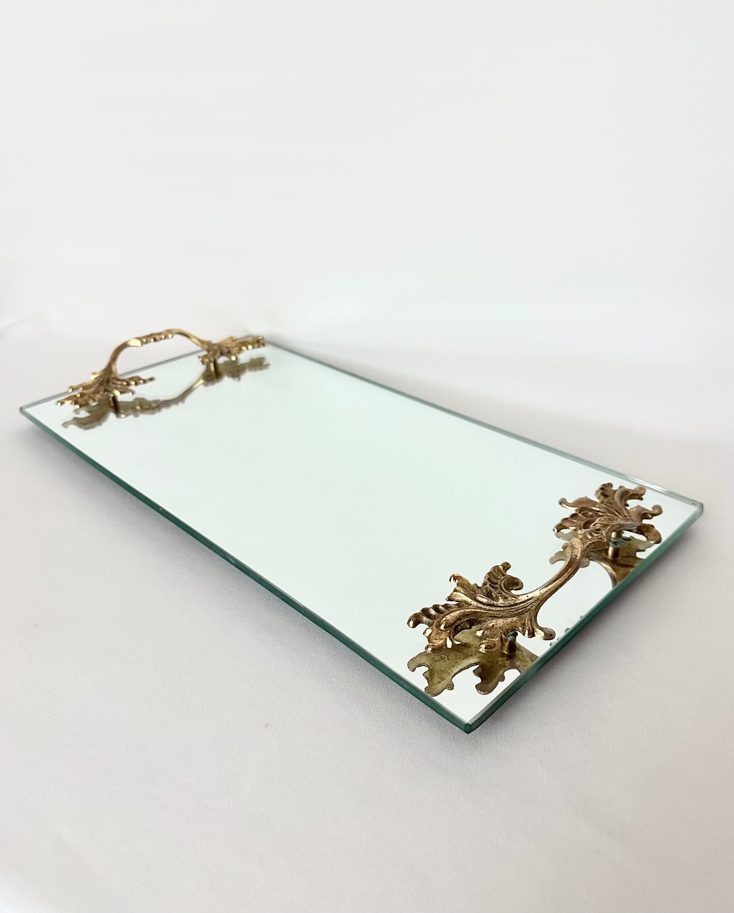 vintage rectangular mirrored vanity tray with gold metal floral handles