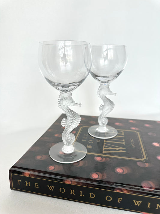 Vintage crystal small red wine or claret glasses with seahorse stem. Bayel France