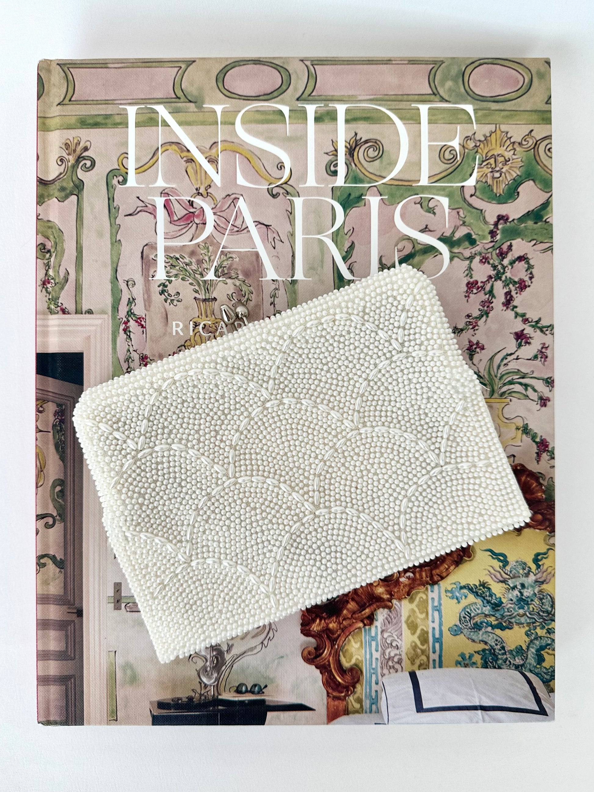 vintage rectangular white tiny pearl beaded evening bag with silver chain strap