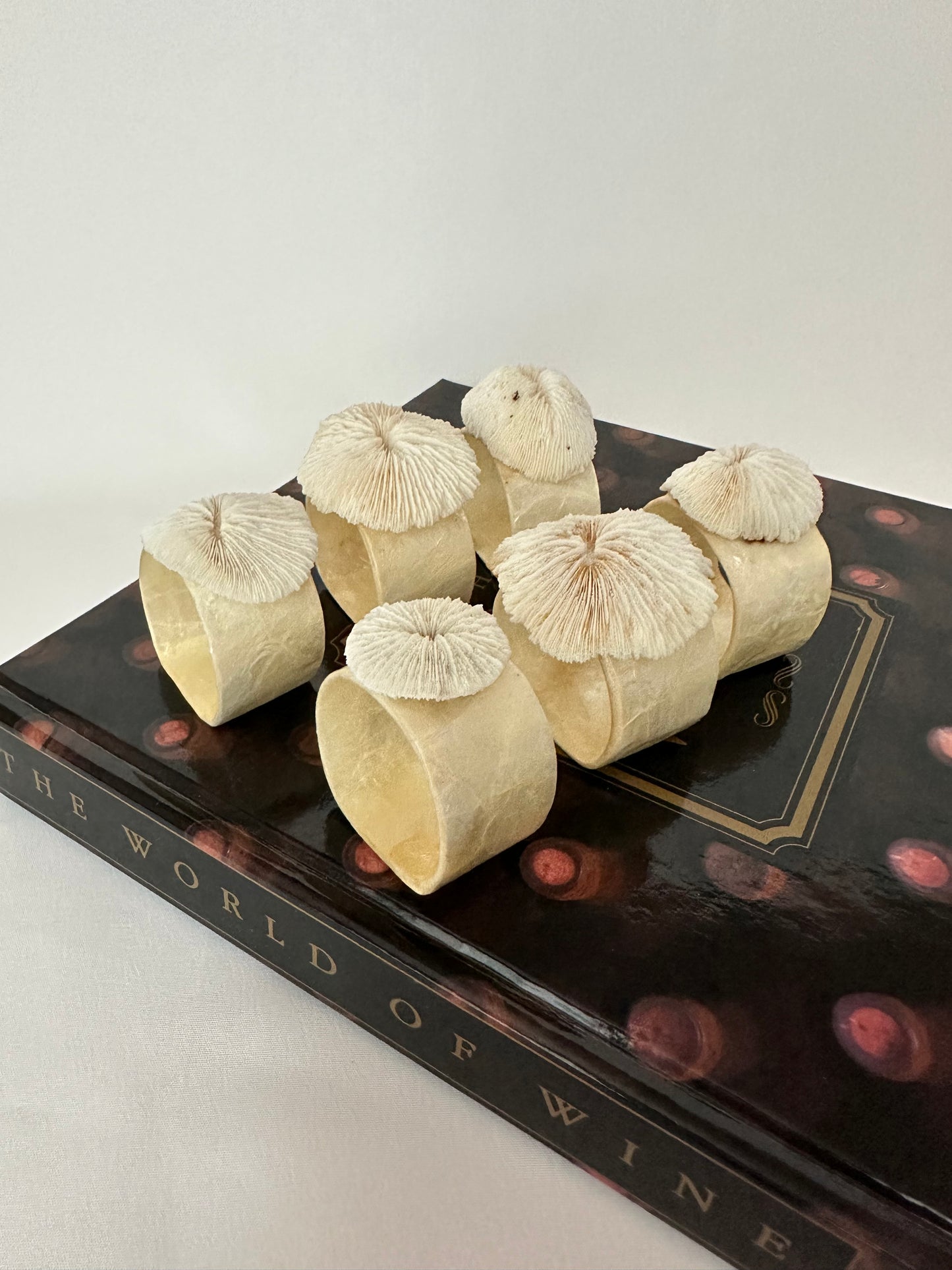 Vintage capiz shell and coral napkin rings set of six
