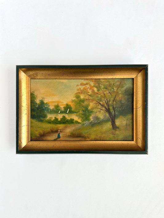 small vintage framed original painting of a landscape with a tree and person on a path and sailboats on water