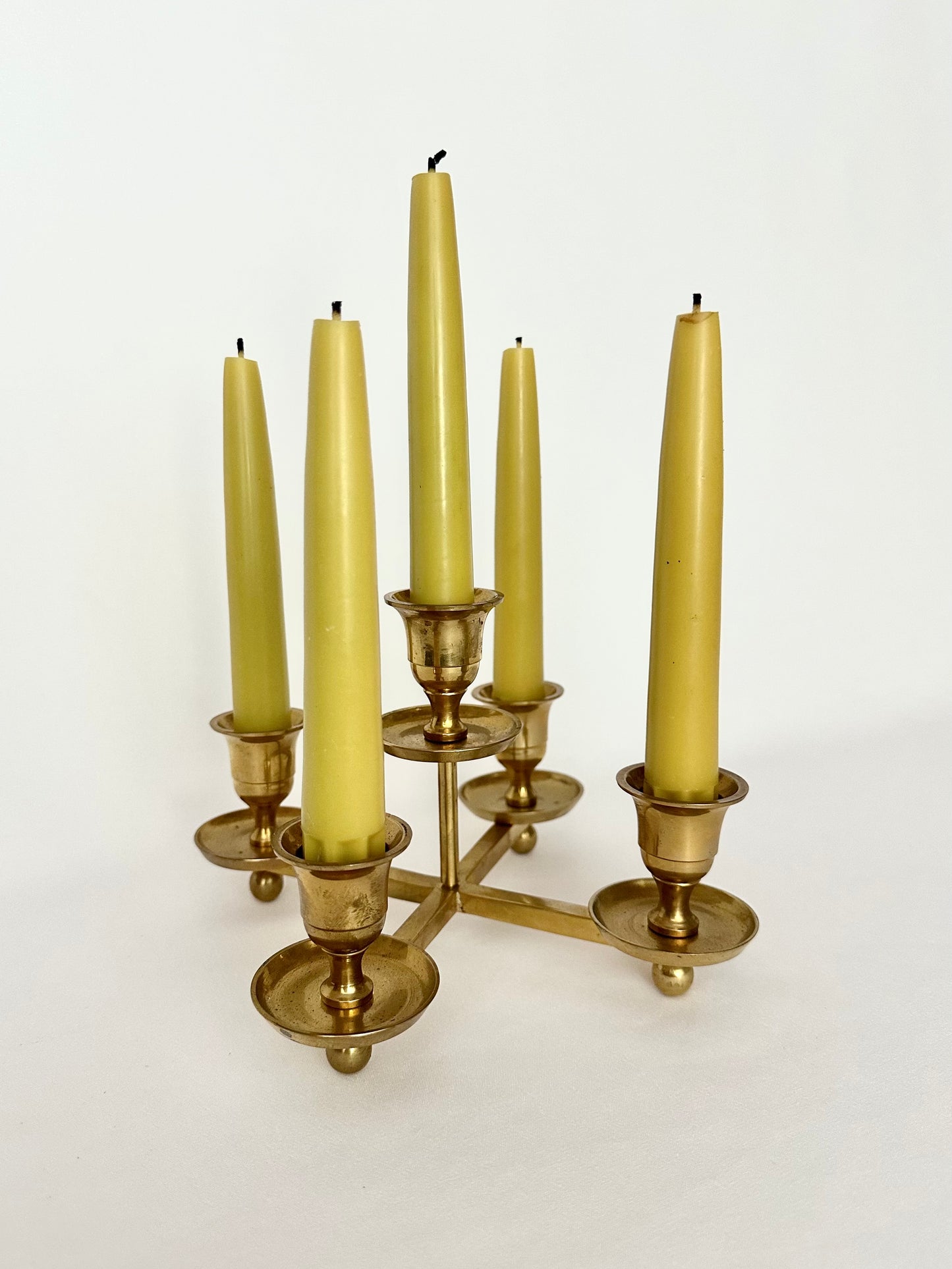 Vintage brass 5 arm candlestick holder centerpiece with patina.