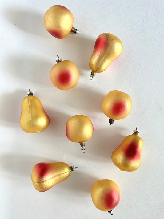 Vintage handblown glass pear and apple christmas tree ornaments set of nine in yellow and red.