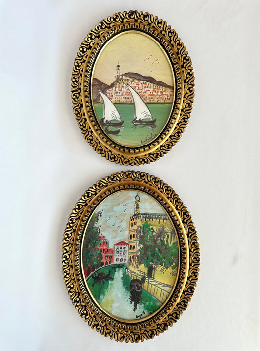 Vintage set of two gold wood framed original acrylics featuring Italian seascapes