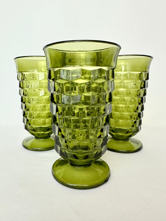 Vintage cubist textured pressed glass avocado tumblers set of four.