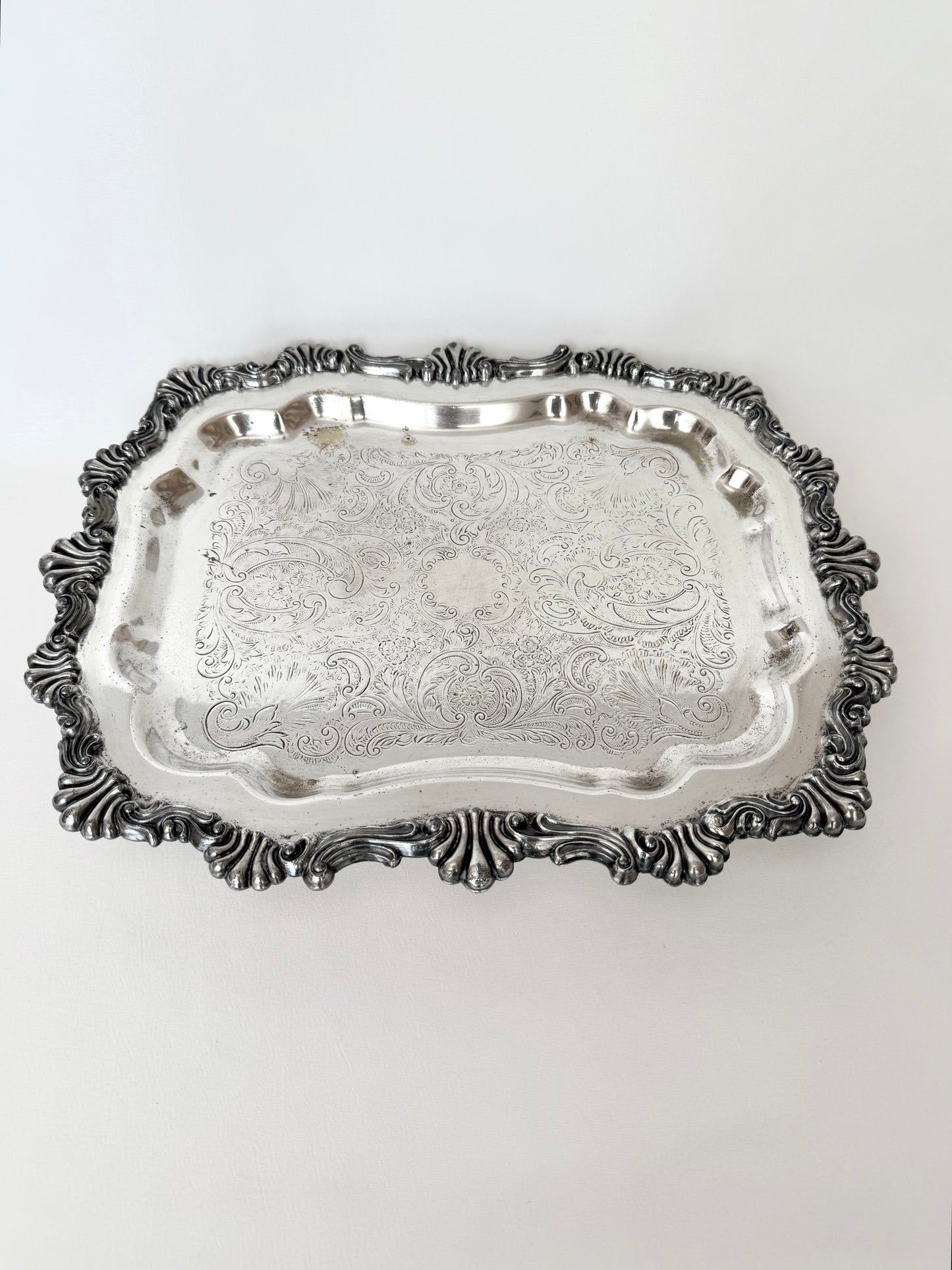 vintage ornate etched rectangular footed silverplate serving tray