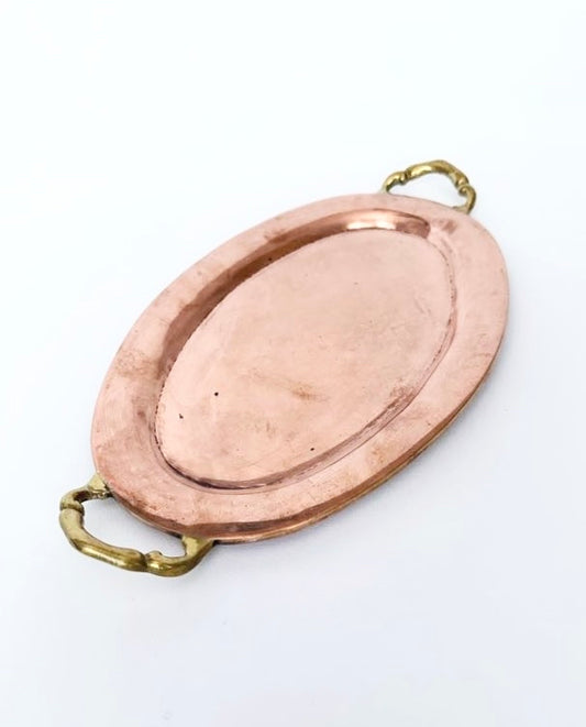 vintage small oval copper serving tray with brass handles with patina