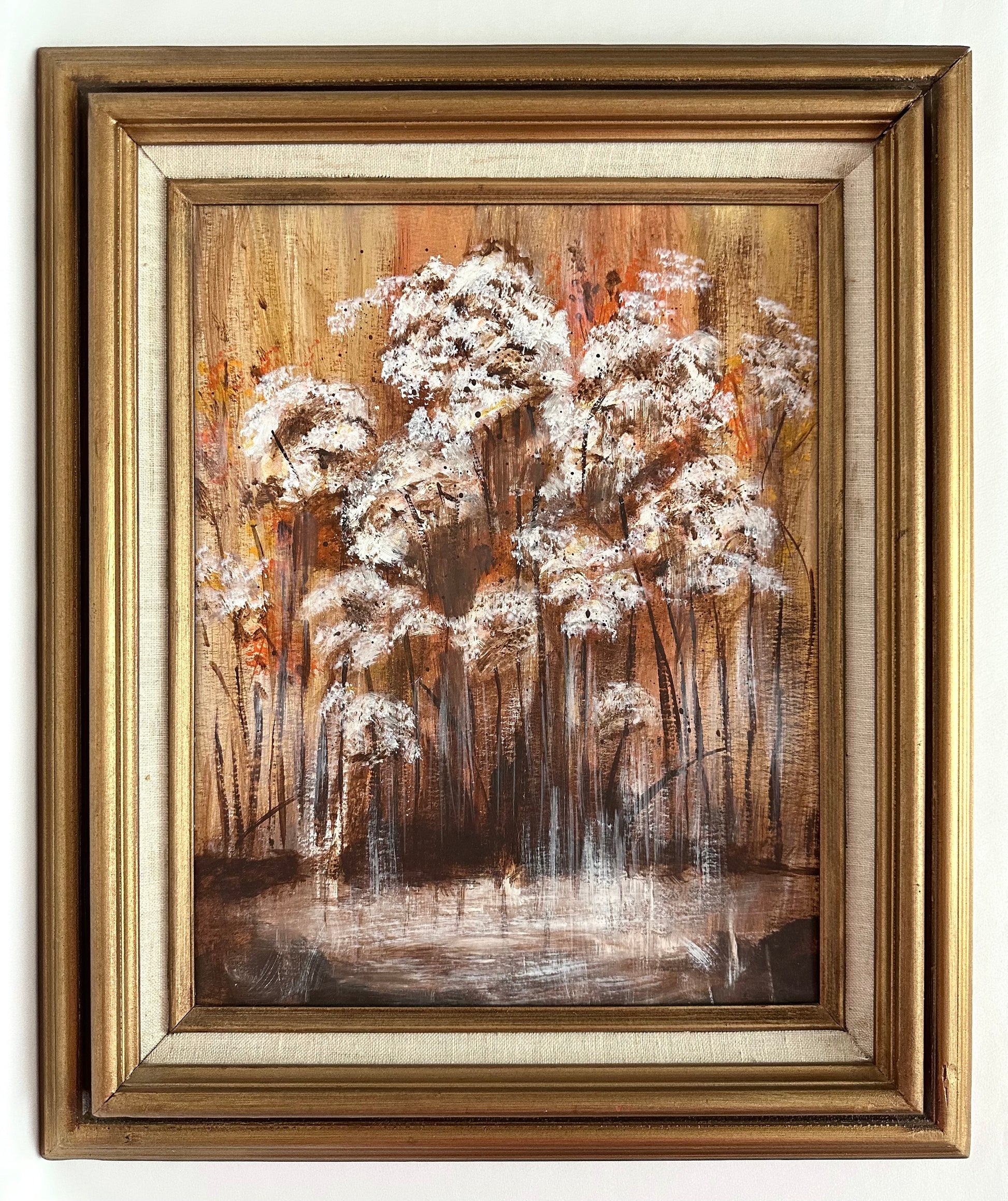 Vintage original unsigned acrylic botanical painting in autumn inspired colors.