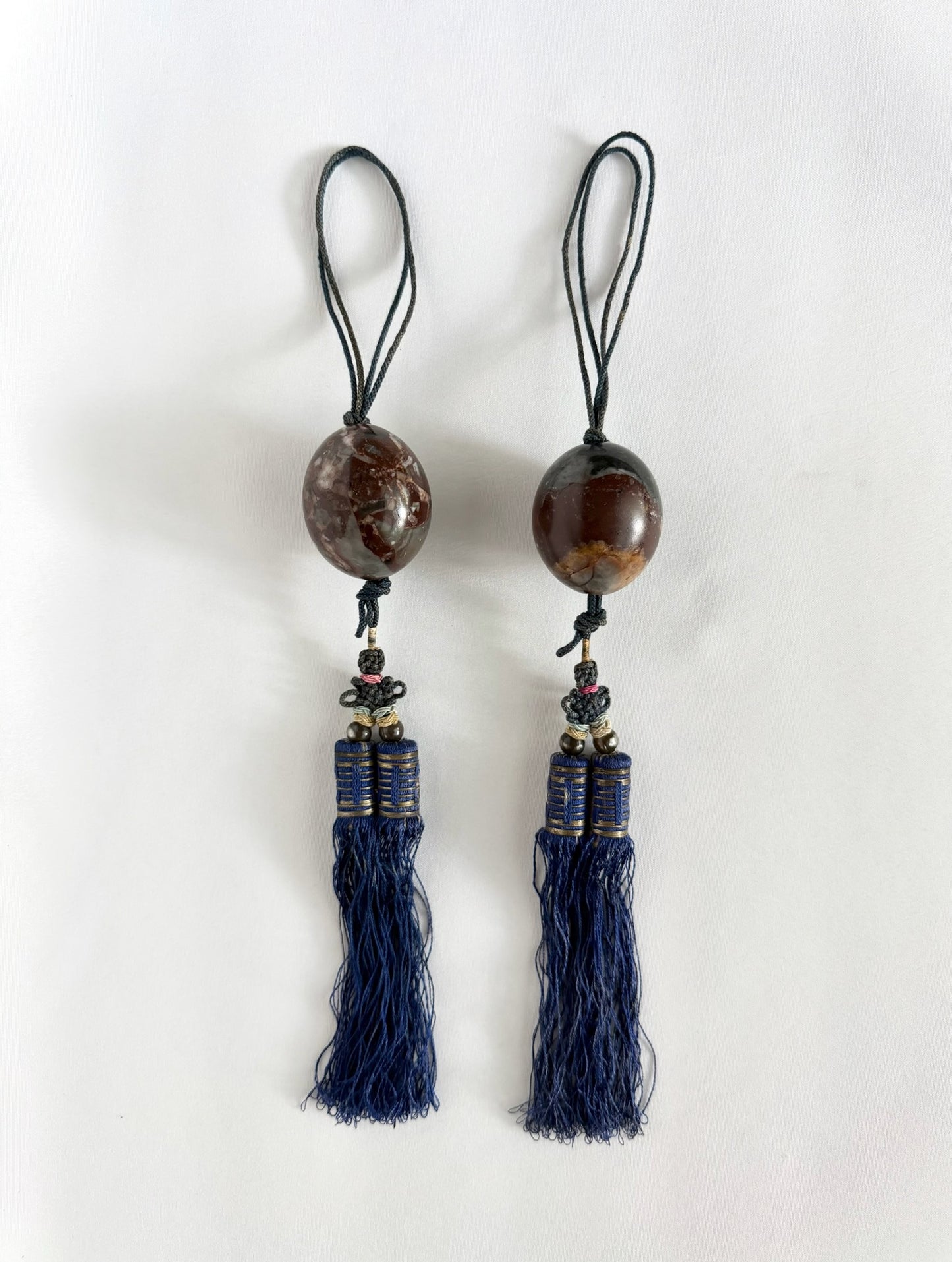 antique chinoiserie style scroll weight tassels set of two with stone ball and blue silk fringes