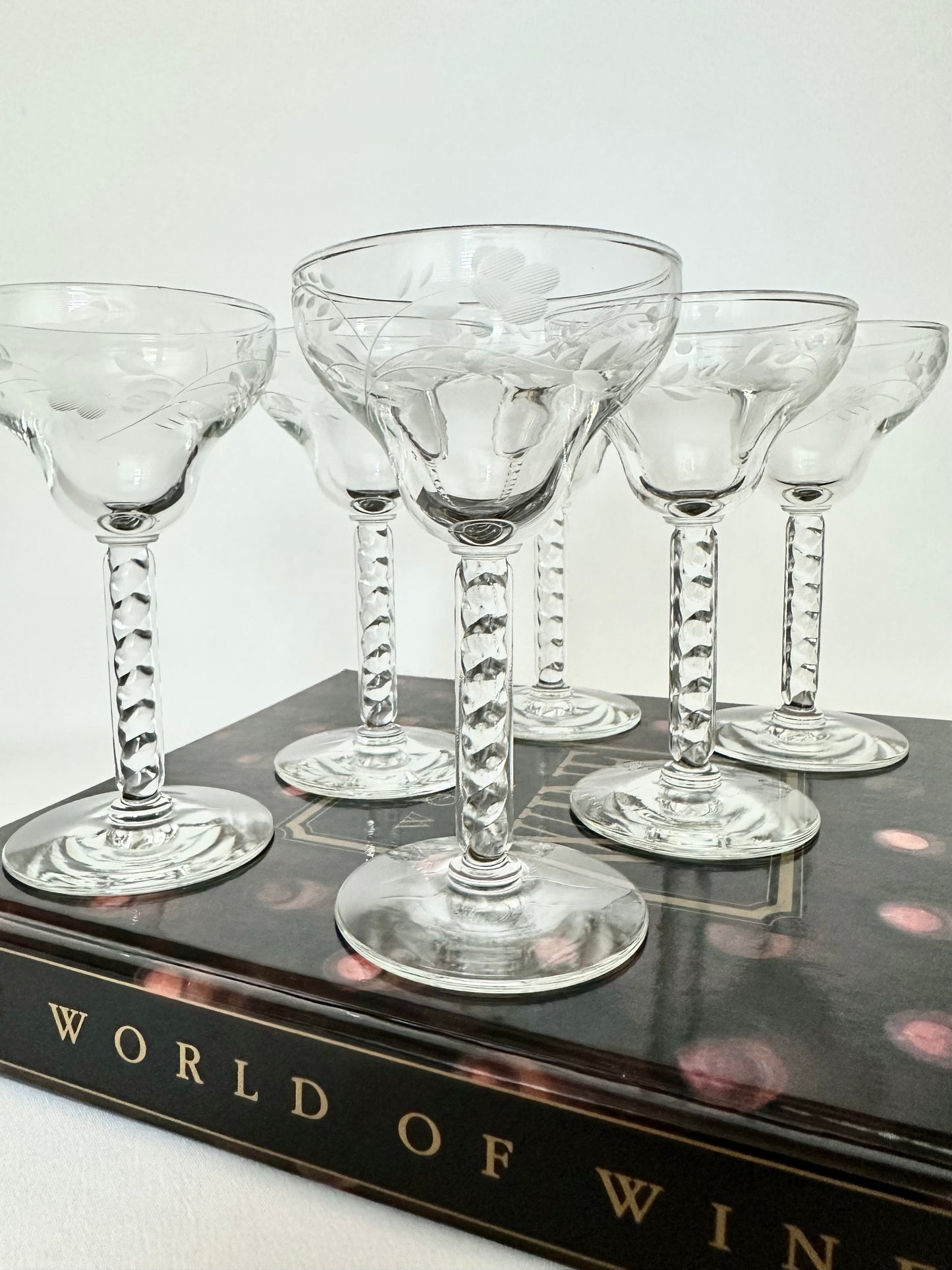 Vintage etched small cocktail glasses set of six with a twist stem.