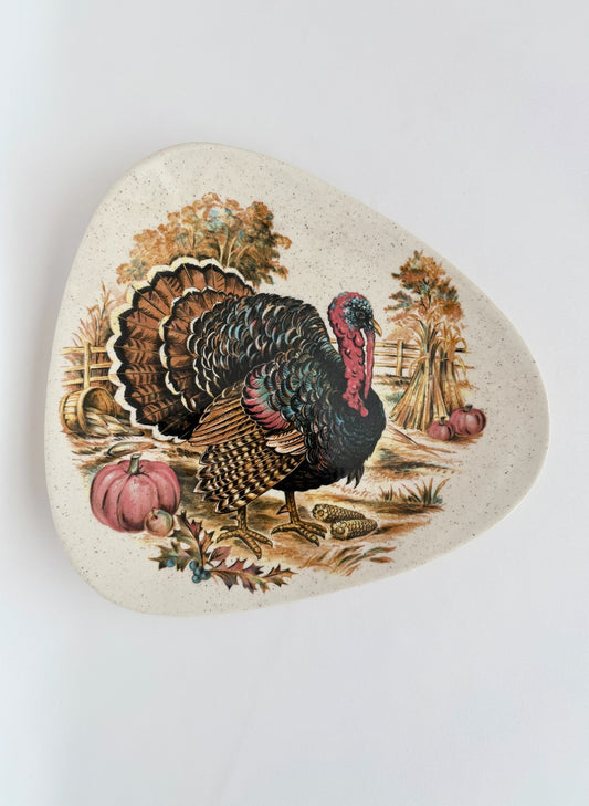 Vintage triangular shaped glazed ceramic platter with classic turkey and countryside imagery on a speckled background.
