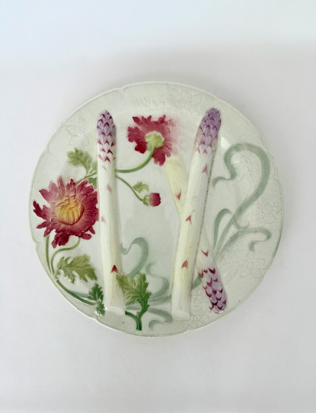 antique french majolica glazed asparagus relief plate with flowers
