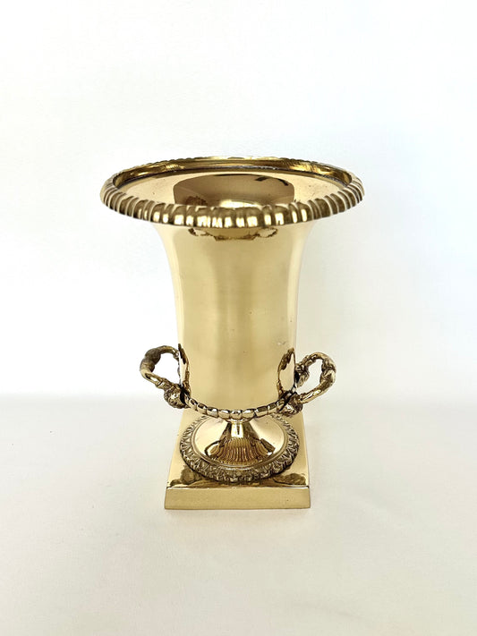 vintage lacquered brass urn or vase on pedestal