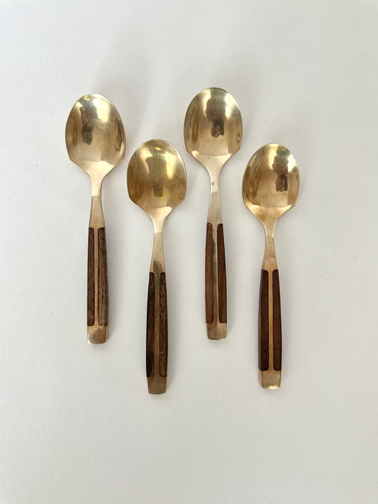vintage teak and brass coffee spoons set of four