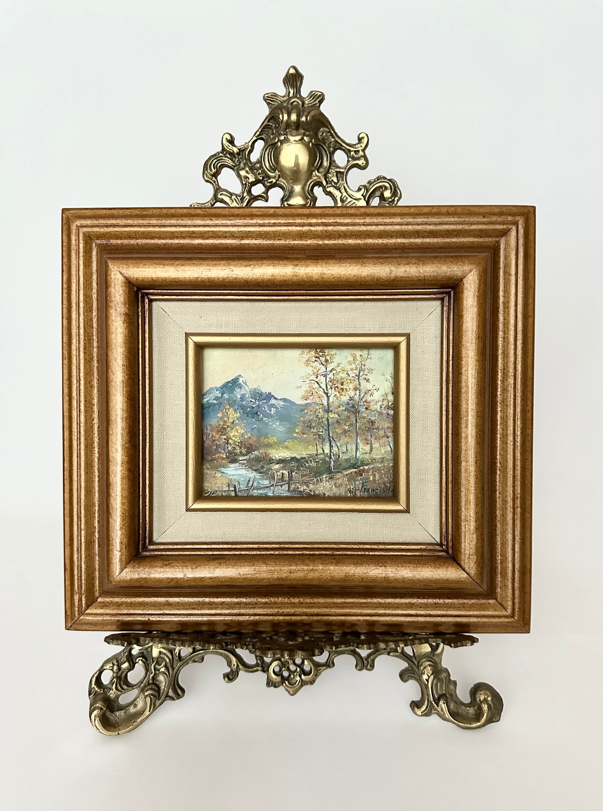 Vintage mountain scene landscape original painting in wood frame. 