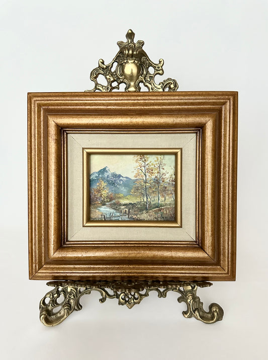 Vintage mountain scene landscape original painting in wood frame. 