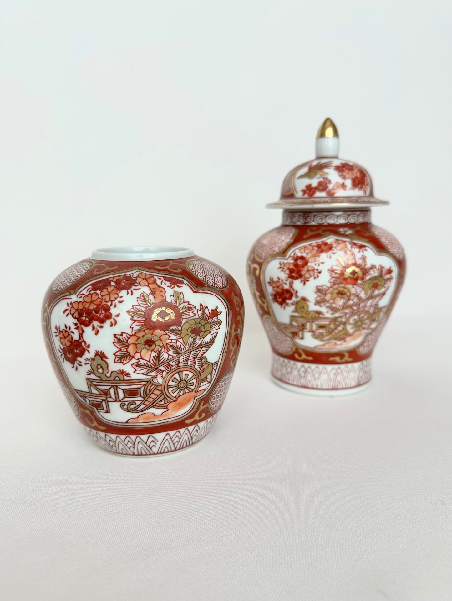 vintage small chinoiserie vase and lidded ginger jar set